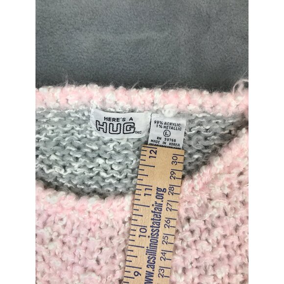 VTG Here's a Hug Acrylic Sweater Womens L Pink Gray Graphic Made in Hong Kong - Picture 2 of 6